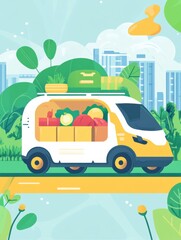 Poster - Futuristic eco-friendly delivery car transporting grocery orders through a vibrant urban landscape with lush greenery and bright colors