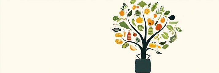 Aufkleber - Conceptual illustration of a tree growing from a grocery bag with food elements representing sustainability and eco-friendly living in modern art style