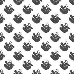 Poster - Man with laptop and chair solid seamless pattern, remote work theme. Vector graphics. Human sitting on easy chair sign with background, repeat glyph icon.