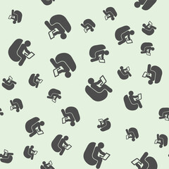 Poster - Man with laptop and chair solid seamless pattern, remote work theme. Vector graphics. Human sitting on easy chair sign background, filled with glyphs icon.