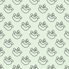 Poster - Man with laptop and chair line seamless pattern, remote work theme. Vector graphics. Human sitting on easy chair sign with background, repeat line icon.