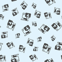 Poster - Computer with user message solid seamless pattern, remote work theme. Vector graphics. Monitor, display and popup window sign background, filled with glyphs icon.