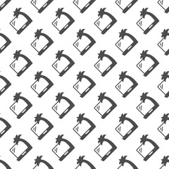 Poster - Laptop and tropical palm tree solid seamless pattern, remote work theme. Vector graphics. Vacation, job trip sign with background, repeat glyph icon.