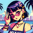 © drawscontent - 90년대 스타일의 마이애미 소녀 일러스트: 빈티지 픽셀 프린트와 EPS10 벡터 그래픽. 화려한 색상, 레트로 분위기, 패션과 픽셀 아트가 융합된 시대에서 영감을 받은 향수를 불러일으키는 디자인의 엠블럼