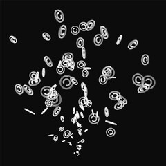  A bunch of white circles are falling from the sky. The circles are small and scattered, and they appear to be floating in midair. The scene gives off a sense of chaos and disarray