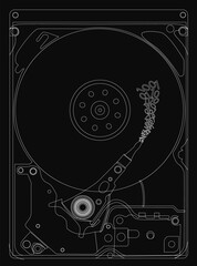 Poster - A close up of a hard drive with a black background. The image is in black and white and the hard drive is shown in its entirety
