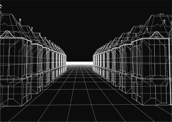 Poster - A black and white illustration of a street with a row of houses. The street is empty and the houses are all lined up