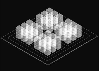Poster - A black and white image of a cityscape with a grid of buildings. The buildings are all different sizes and shapes, and they are all lit up. Scene is one of urbanization and modernity
