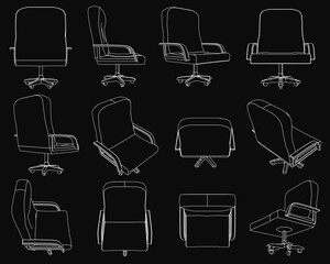 Poster - A set of chair designs are shown in black and white. The chairs are all different shapes and sizes, with some having backrests and others not. The chairs are arranged in a grid pattern