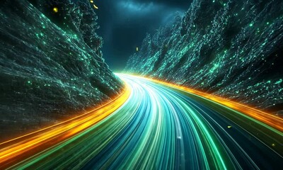 Poster - Abstract Neon Light Trails Through Mountainous Terrain - Futuristic Technology Concept
