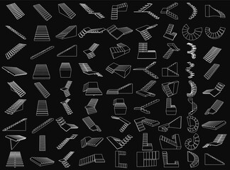 Poster - A black and white illustration of stairs and other architectural elements. The image is a collection of various shapes and sizes, with some stairs and others being more abstract. Scene is one of creat