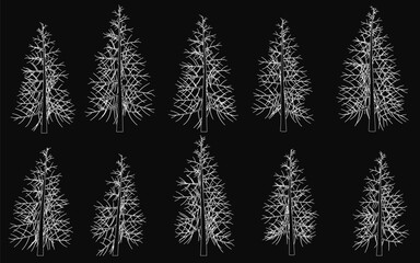 Poster - A series of trees are drawn in black and white. The trees are all the same size and shape, and they are all standing upright. The trees are arranged in a row, with the first tree on the left