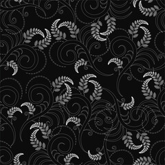 Poster - A black and white floral patterned background with white flowers. The flowers are arranged in a spiral pattern and are scattered throughout the background. Scene is elegant and sophisticated