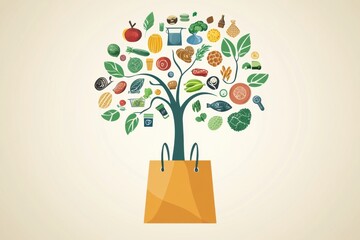 Aufkleber - Conceptual illustration of a tree thriving from a grocery bag with food elements as leaves showcasing an eco-friendly approach to sustainability