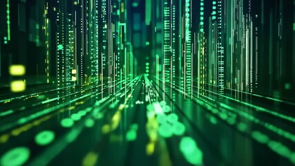 Poster - Digital landscape showcases vibrant green lines and glowing nodes in a futuristic cityscape at night