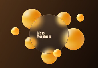 Poster - gradient brown background with transparent round panel and floating golden spheres in glass morphism
