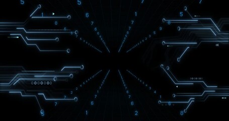Poster - glowing blue numbers and lines creating futuristic digital circuit animation