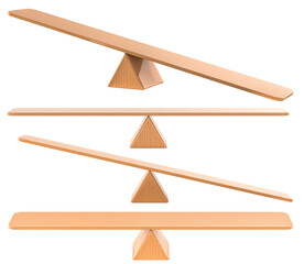 Leinwandbilder - Empty Wooden Seesaws Balance set. Balanced and Unbalanced, 3D rendering isolated on transparent background