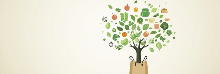 Aufkleber - Conceptual tree growing from grocery bag symbolizes sustainable living with food icons as foliage in a clean modern art style
