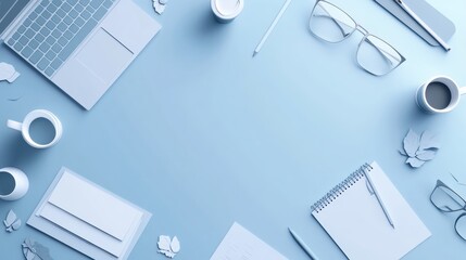 Poster - Clean and professional paper art background featuring office elements arranged in a 3D paper cut style ideal for workspace inspiration