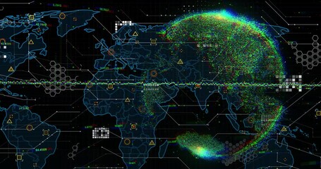 Poster - Digital world map with colorful data points and network connections animation