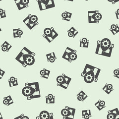 Poster - Shop with cogwheel gear on location pin solid seamless pattern, repair service theme. Vector graphics. Workshop house sign background, filled with glyphs icon.