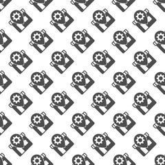 Poster - Shop with cogwheel gear on location pin solid seamless pattern, repair service theme. Vector graphics. Workshop house sign with background, repeat glyph icon.