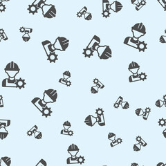 Poster - Builder man and cogwheel solid seamless pattern, repair service theme. Vector graphics. Engineer gear, human with hat sign background, filled with glyphs icon.