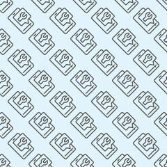 Poster - Smartphone with wrench popup window line seamless pattern, repair service theme. Vector graphics. Phone with repairman message sign with background, repeat line icon.