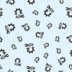 Poster - Gear with wrench in hand solid seamless pattern, repair service theme. Vector graphics. Human hand with wrench in cogwheel sign background, filled with glyphs icon.