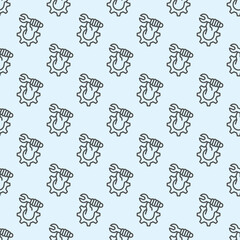 Poster - Gear with wrench in hand line seamless pattern, repair service theme. Vector graphics. Human hand with wrench in cogwheel sign with background, repeat line icon.