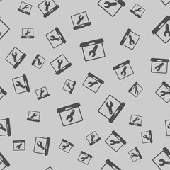 Poster - Laptop screen with wrench solid seamless pattern, repair service theme. Vector graphics. Computer repair, system message sign background, filled with glyphs icon.