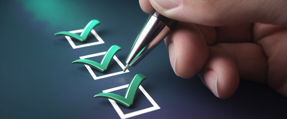 Poster - close-up of hand checking items on a checklist, showcasing green checkmarks on a dark background, sy