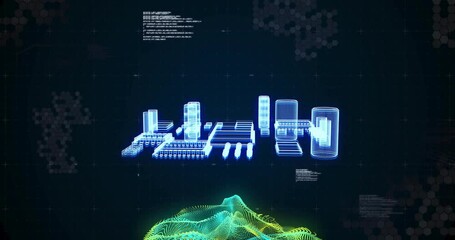 Poster - Futuristic cityscape with digital landscape, data processing animation over terrain