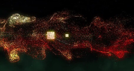 Poster - Animation of glowing particles forming shapes with illuminated squares on dark background