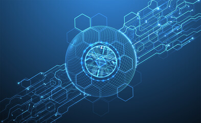 Fototapete - Abstract image of a computer chip in the middle of a wireframe sphere on a blue gradient. Vector