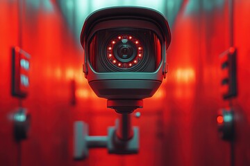 Poster - Capture of security camera with red lighting in a modern environment focused on surveillance