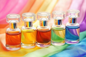 Poster - Glass bottles with colorful liquids arranged on a rainbow fabric background creating a vibrant and cheerful display