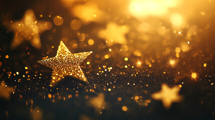 Poster - A close up shot of glittering gold stars and bokeh lights creating a festive and magical background