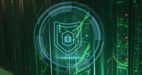 Poster - Digital security shield animation over server room with glowing green lights