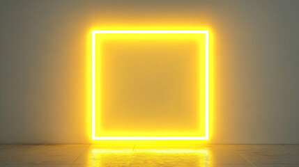 Poster - Illuminated yellow square neon light fixture against a neutral wall and reflective floor surface