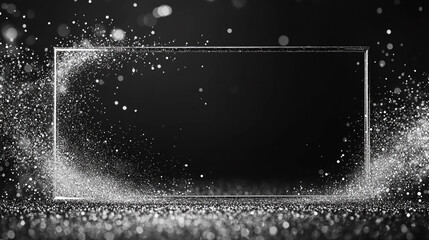 Poster - Rectangular frame surrounded by silver glitter against a dark background in monochrome style image