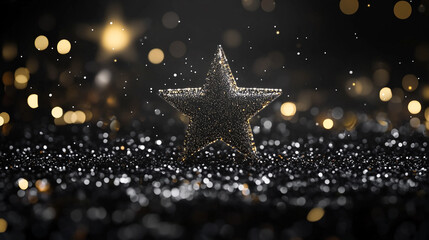 Poster - Glittering star resting on a bed of dark sparkles with bokeh light accents in the background scene