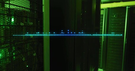 Poster - Soundwave animation overlaying green-lit server room environment with blue tones