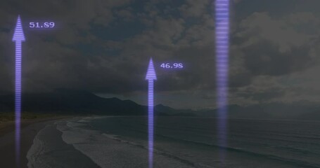 Poster - Rising arrow and numbers animation over coastal landscape with cloudy sky