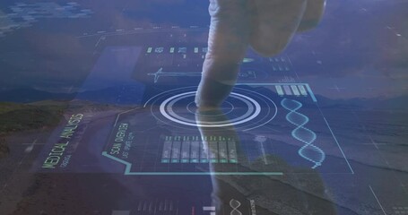 Poster - Animation of futuristic DNA analysis interface over landscape in school setting