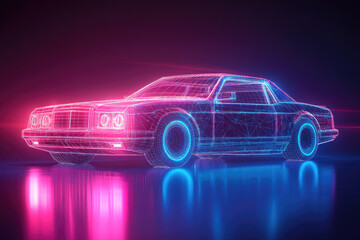 Poster - Digital hologram of compact electric car in neon light, futuristic vehicle model with polygonal structure, concept of virtual automotive technology, mobility innovation, smart transport design