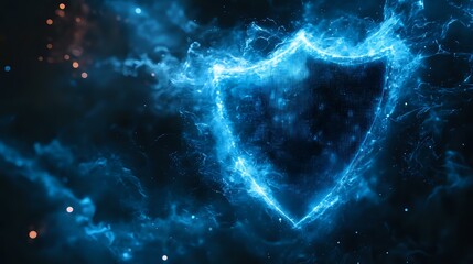 Poster - Glowing blue shield formed by cosmic energy and light particles against dark space background with magical sparkles and nebula effects creates mystical atmosphere.