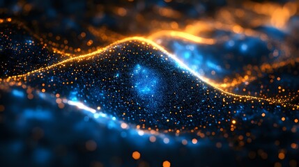 Poster - glowing wave of golden and blue particles flowing in dark space creating dynamic abstract background