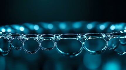 Poster - Macro photography of soap bubbles in dark blue water creating geometric circular patterns with light reflections and bokeh effect. Artistic abstract background.